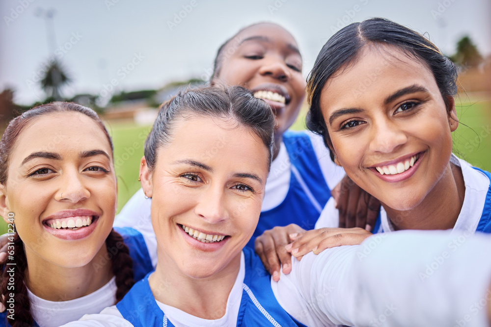 Hockey selfie, women and portrait on a field for sports, teamwork or training together. Smile, colla