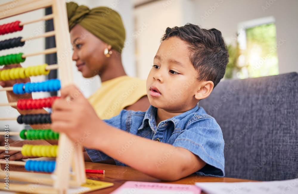 Child, homework and math in home with counting on abacus for development growth. Young boy, student 