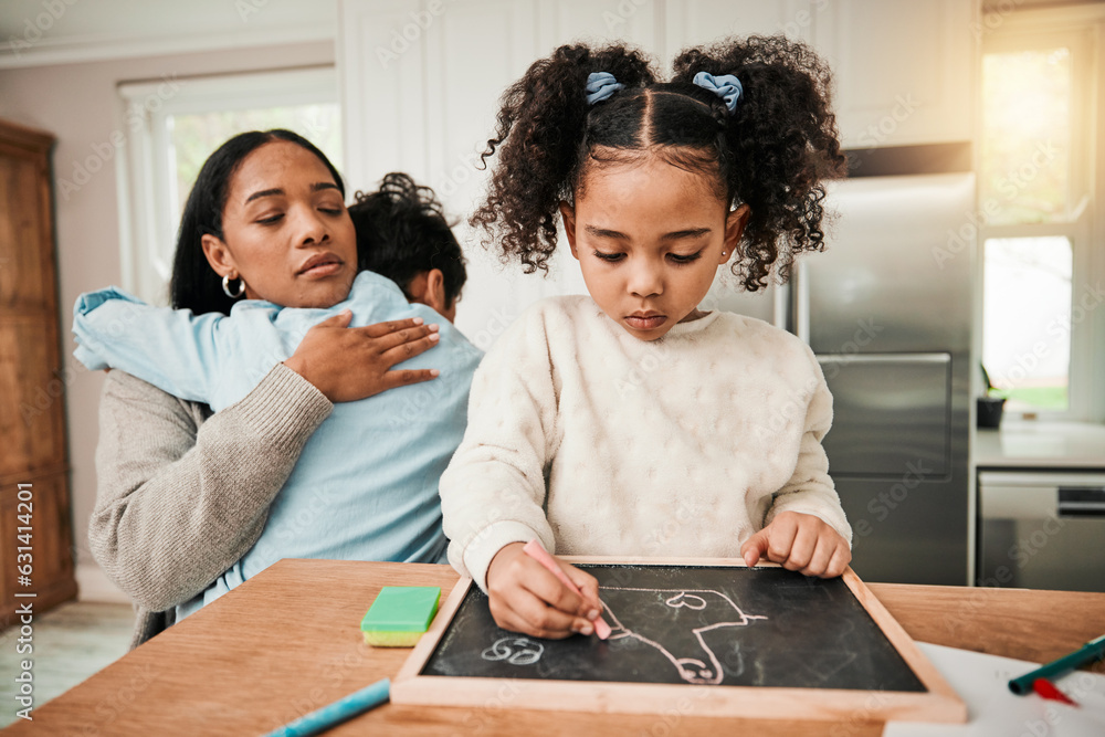 Child homework, family support and mom care with chalkboard, writing and school learning at home. Mo