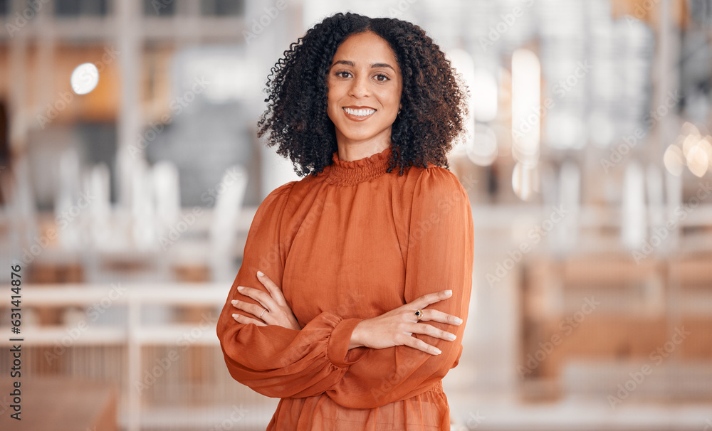 Smile, arms crossed and portrait of a woman at work for business pride and corporate confidence. Hap