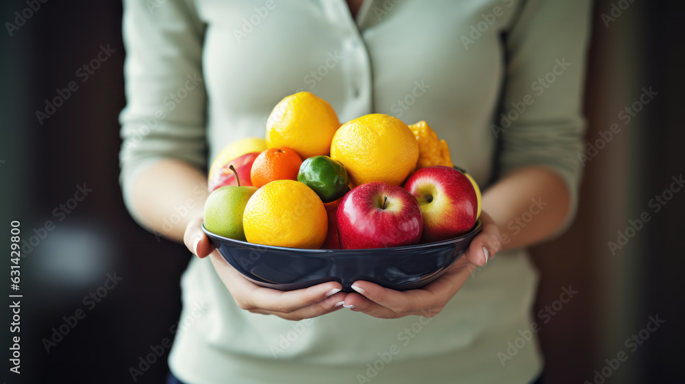 A woman holds a plate of fruits and berries in her hands