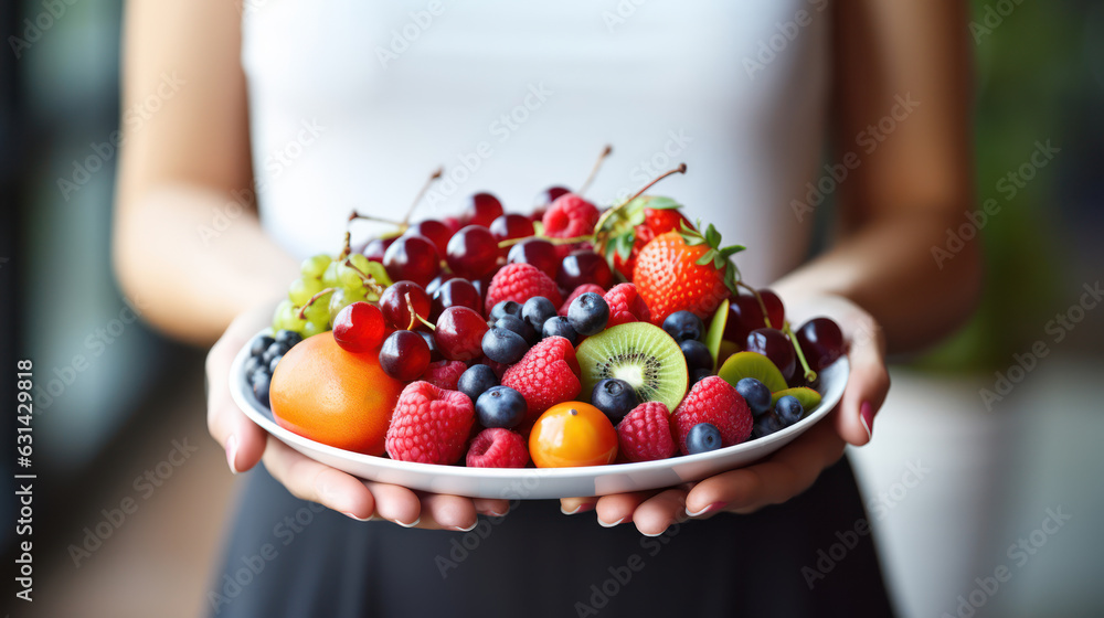 A woman holds a plate of fruits and berries in her hands