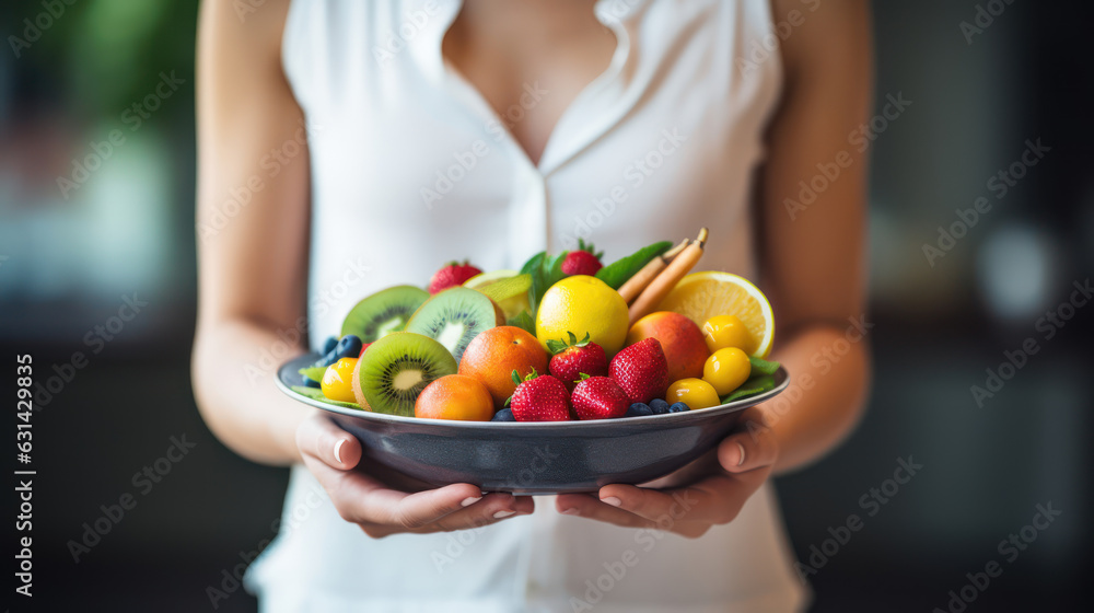 A woman holds a plate of fruits and berries in her hands