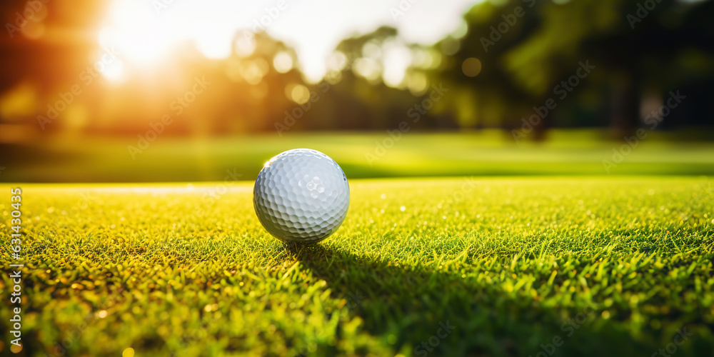 Close-up of golf ball on green grass of golf course, sunny day, blurred backdrop. Generative AI