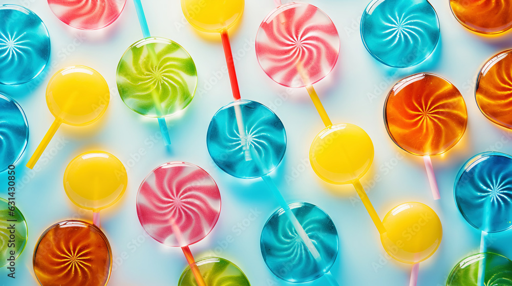 Colorful lollipop candies background. Top view. Generative AI