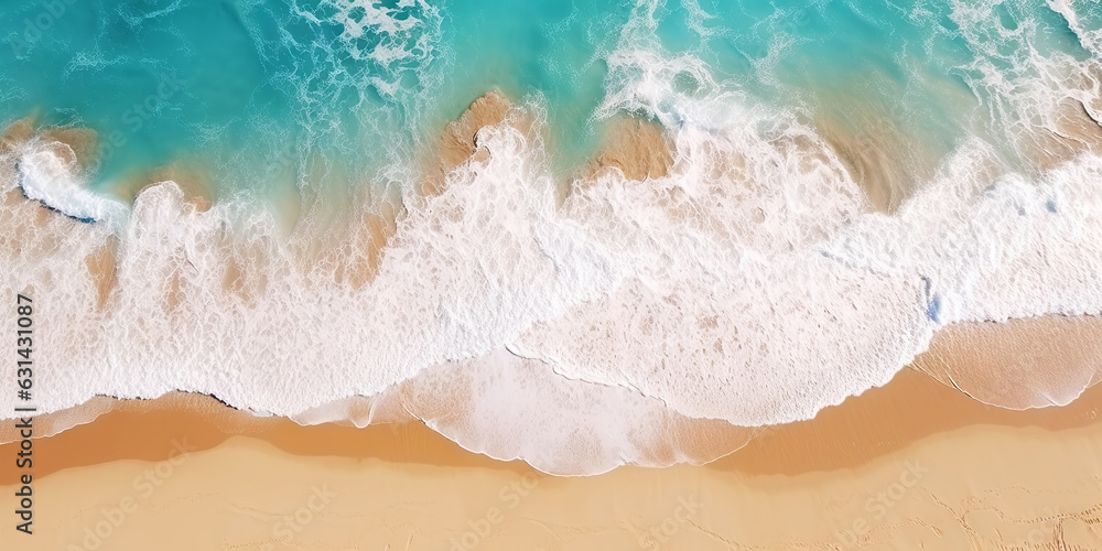 Top view oncoast with ocean waves. Blue water background. Summer seascape from air. Generative AI