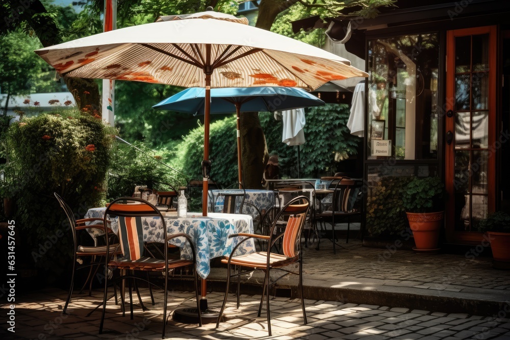 Cafe table with chair and parasol umbrella in the garden