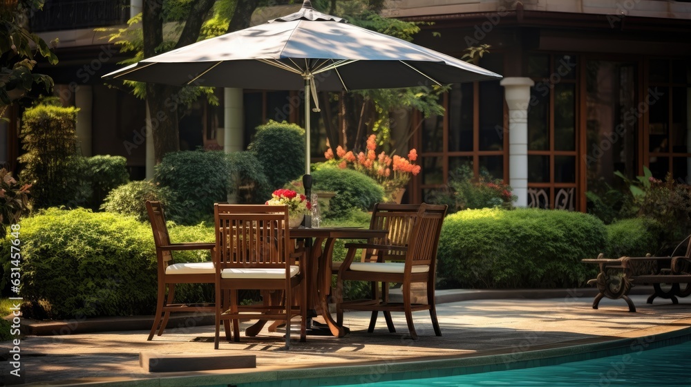 Cafe table with chair and parasol umbrella in the garden