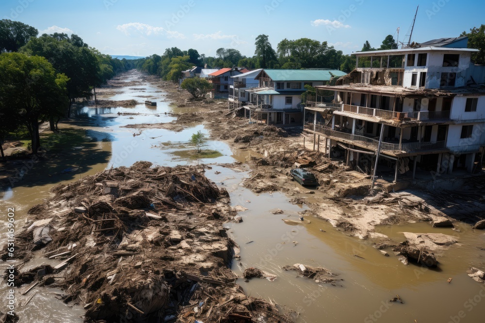 Devastating tsunami, portraying the immense destruction and chaos left in its wake.