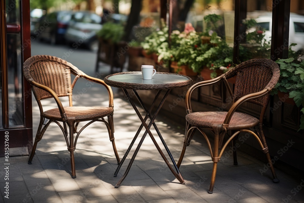 Wicker chairs and a metal table in an outdoor summer cafe