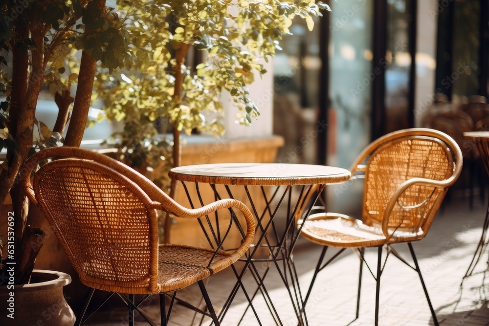 Wicker chairs and a metal table in an outdoor summer cafe