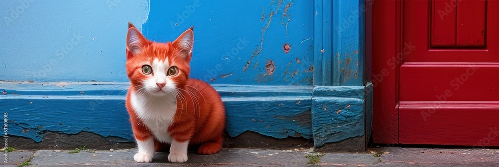 Red or orange domestic cat peeks out from around the blue corner of the room. Kitty cat is watching 