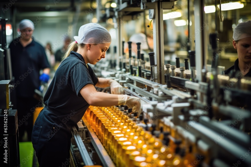 Process of beverage manufacturing on a conveyor belt at a factory.