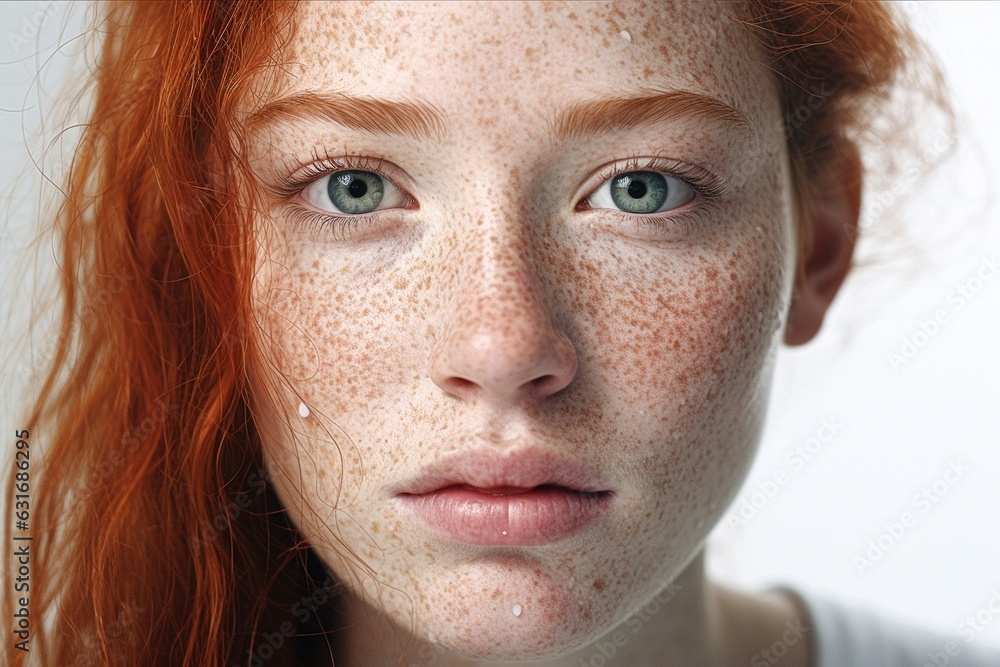 Beautiful Caucasian girl with red hair and freckles close-up