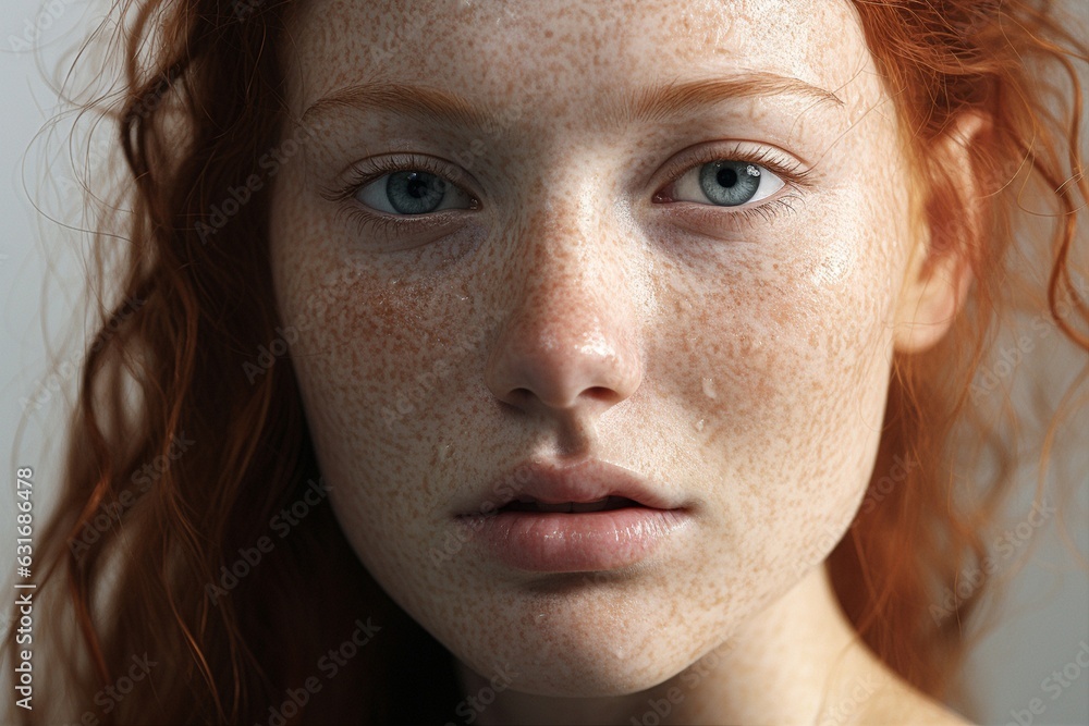 Beautiful Caucasian girl with red hair and freckles close-up