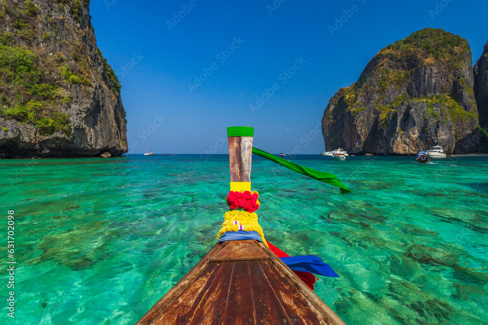 Traditional longtail boat in Maya bay on Koh Phi Phi Leh Island, Krabi, Thailand