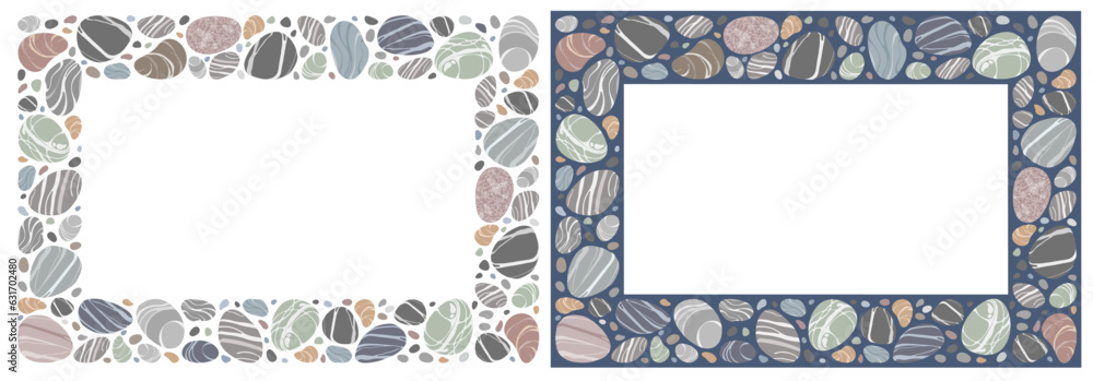 Set of rectangular frame with beach pebbles or sea stones in various shapes. Border with striped tex