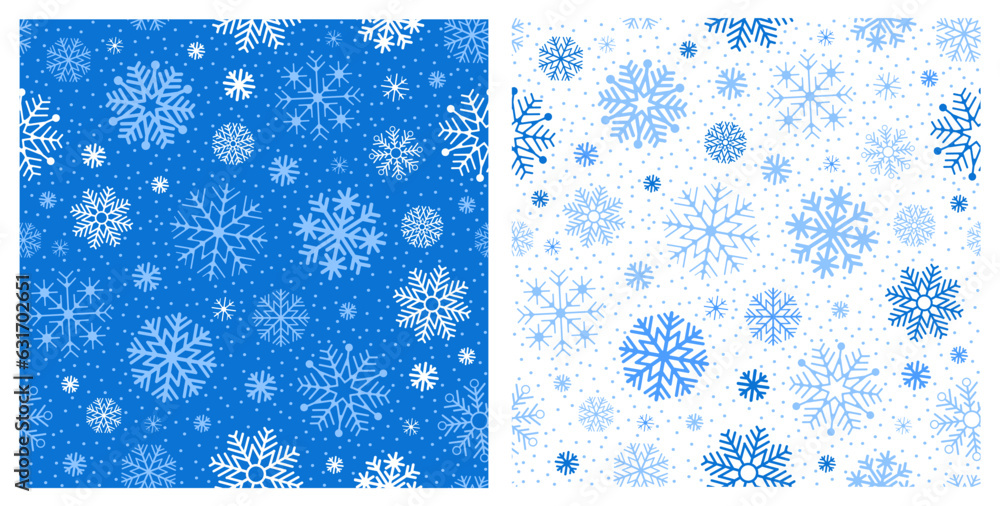 Winter seamless patterns set with many different snowflakes on the blue and white background. Cute C