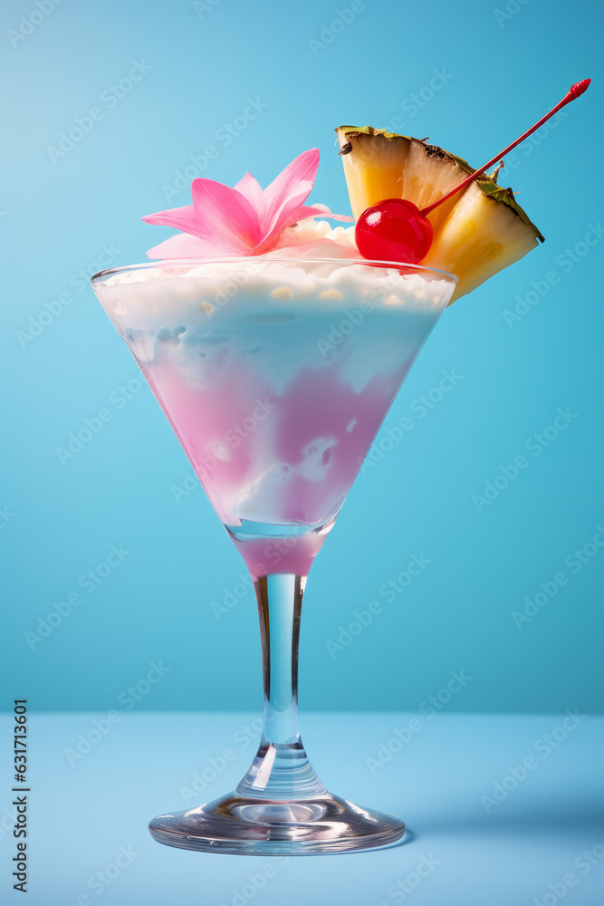 Alcohol cocktail drink in cocktail glass on blue background . Pina colada cocktail.