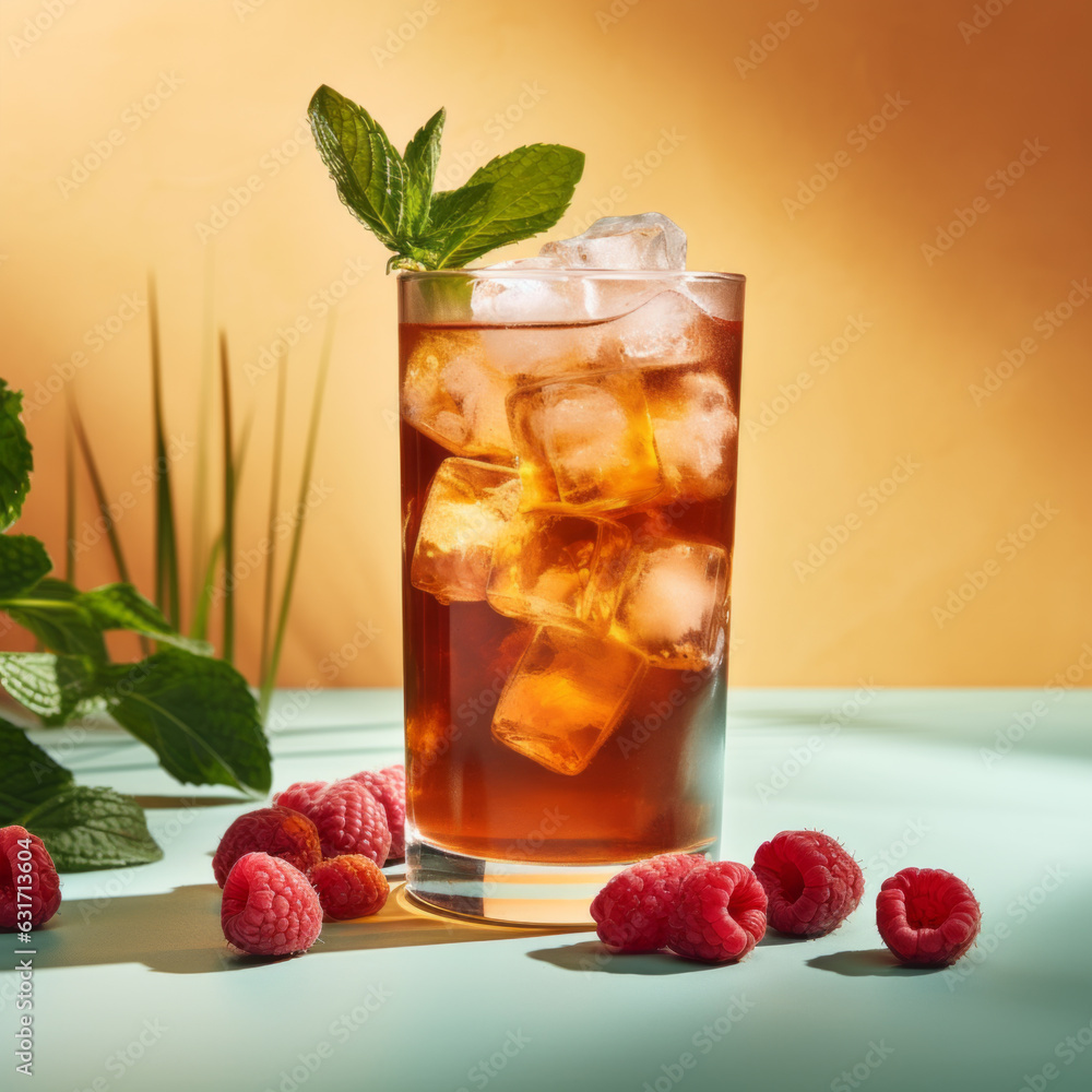 Summer drink or cocktail decorated with fresh raspberry