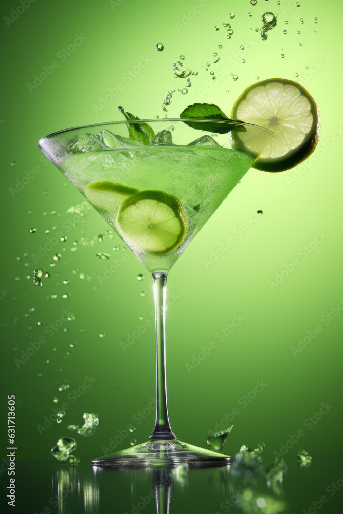 Green Lime Flavored Cocktail Mocktail with Lime Slices Side View