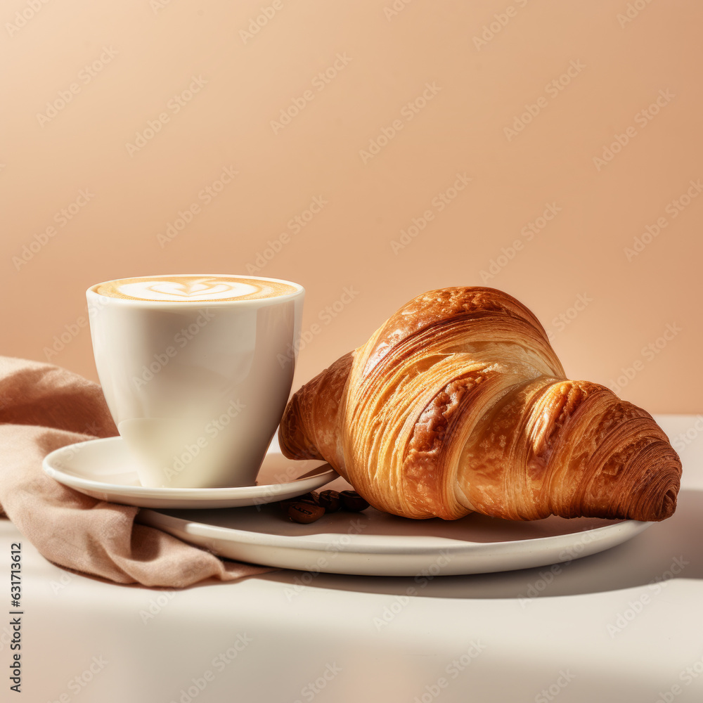 Cup of coffee and fresh croissant. Perfect breacfast in the morning.