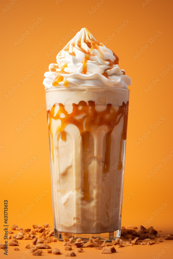 Iced caramel latte topped with whipped cream and caramel sauce, refreshing and sweet coffee drink