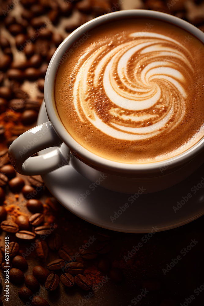 Coffee Cup and Beans on Wooden Table