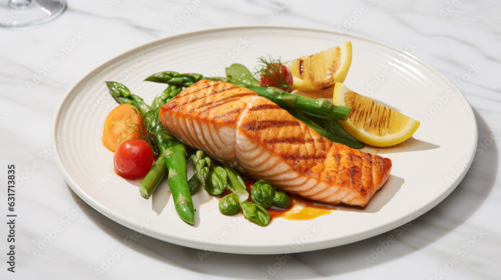 Grilled salmon steak with vegetables on the table close up