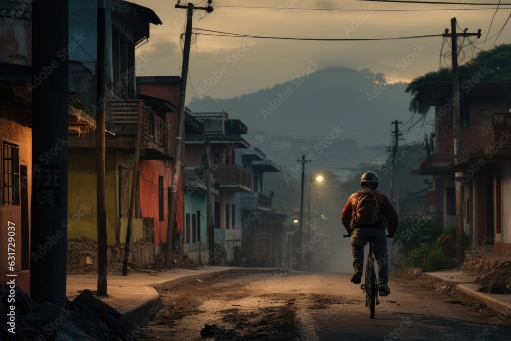 Narrow street in historic neighborhood, man cycling.