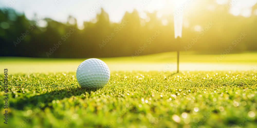 Close-up of golf ball on green grass of golf course, sunny day, blurred backdrop. Generative AI