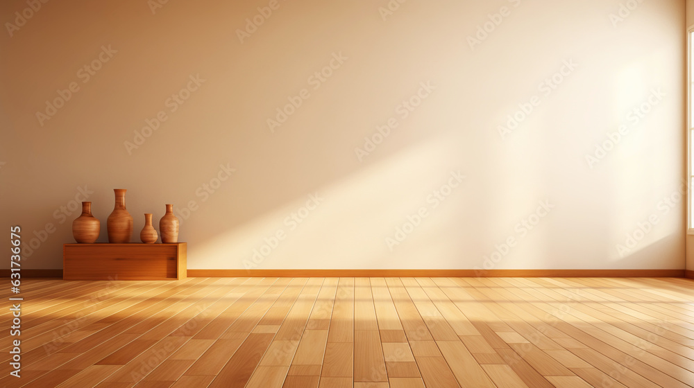 Beige wall empty apartment room with wooden floor. Copy space for product placement. Generative AI