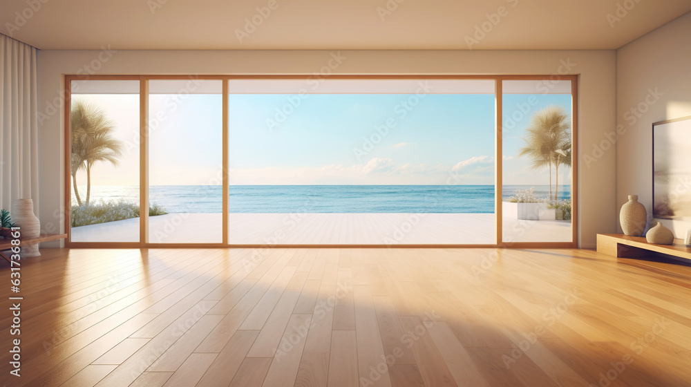 Empty apartment room with wooden floor of beach house. Sea view from windows. Copy space. Generative