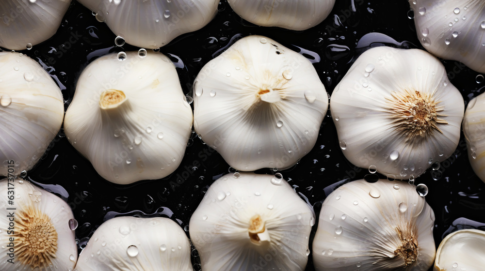 Fresh garlic with water drops background. Vegetables backdrop. Generative AI