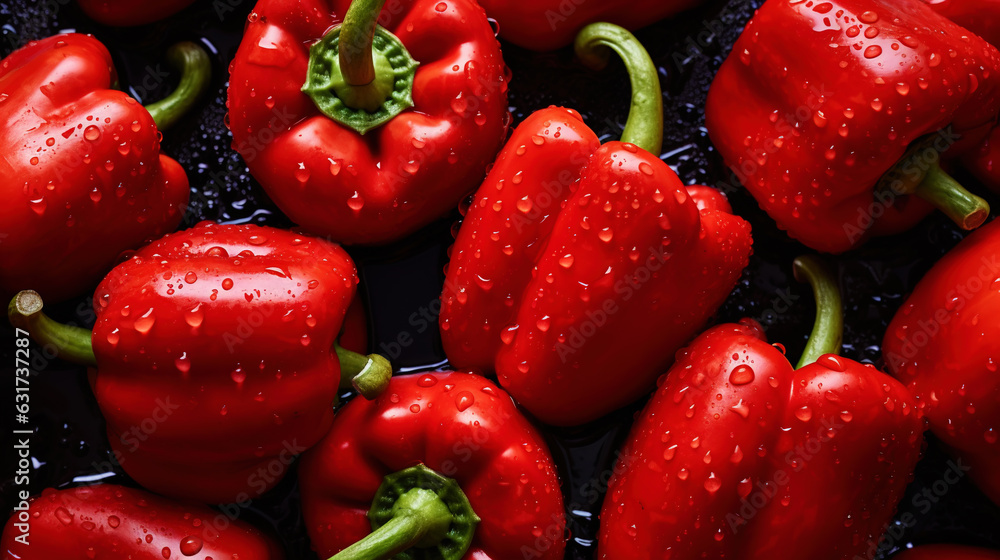 Fresh red bell peppers with water drops background. Vegetables backdrop. Generative AI