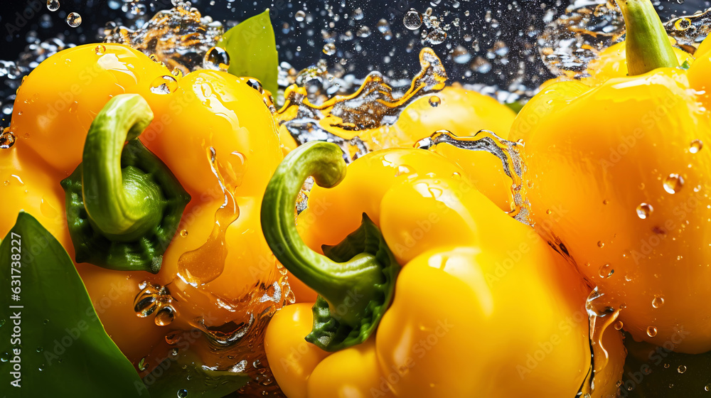 Fresh yellow bell peppers with water drops background. Vegetables backdrop. Generative AI