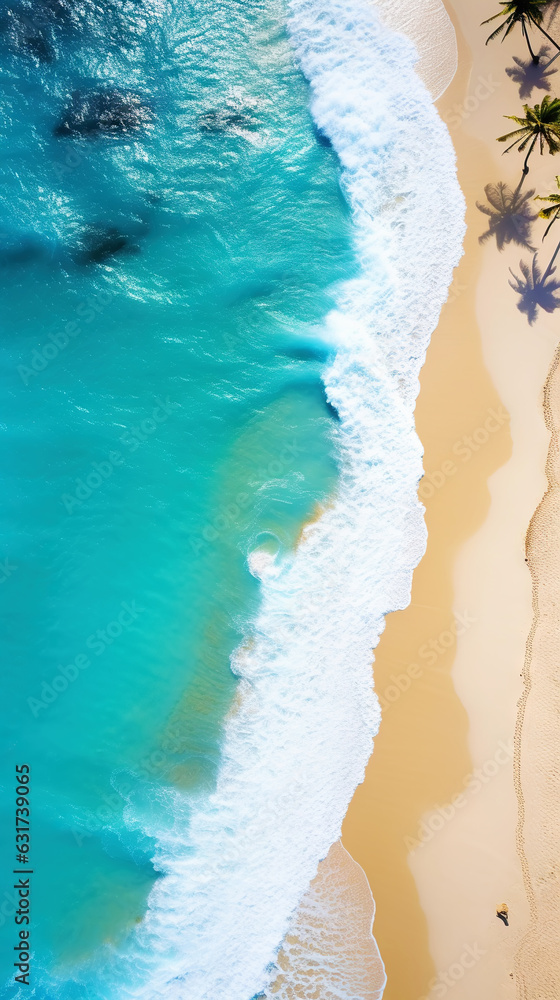 Aerial top view on sand ocean beach with palm trees. Summer vacation paradise concept. Vertical. Gen