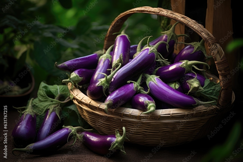 Fresh raw purple eggplant in a wicker basket