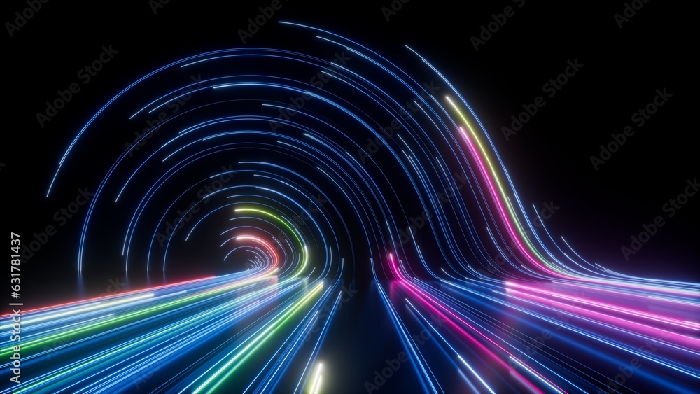 3d rendering, abstract digital background. Neon lines glow in the dark. Futuristic minimalist wallpa