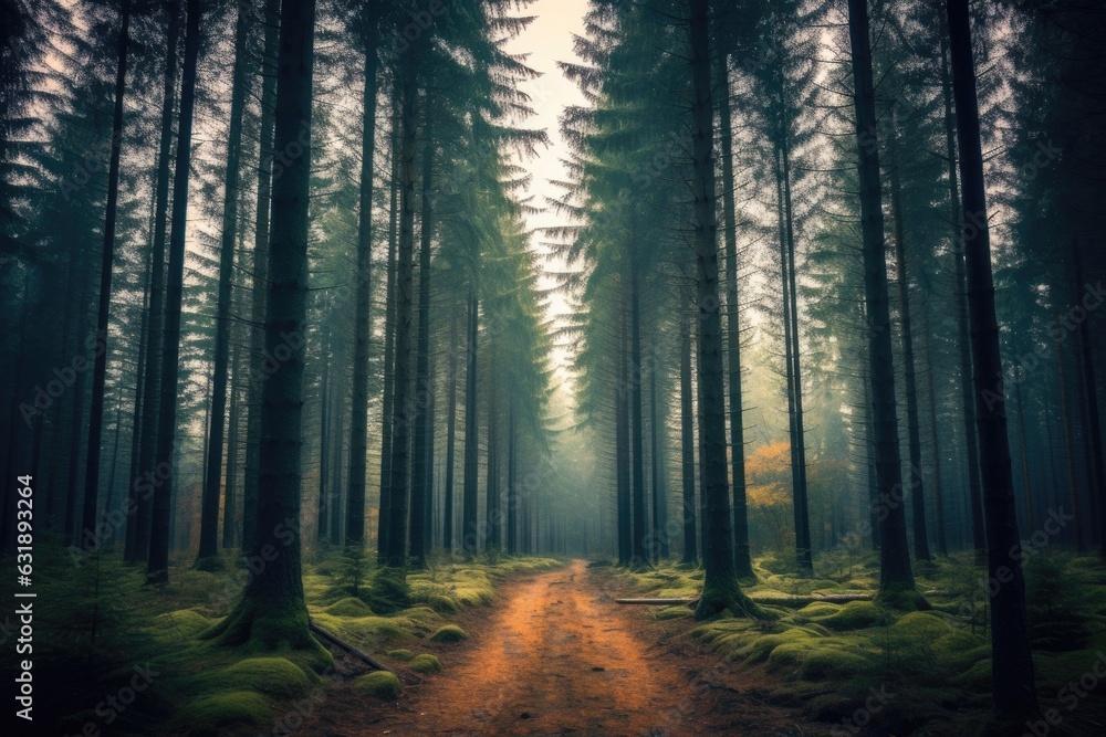 pine trees in a mystic foggy forest