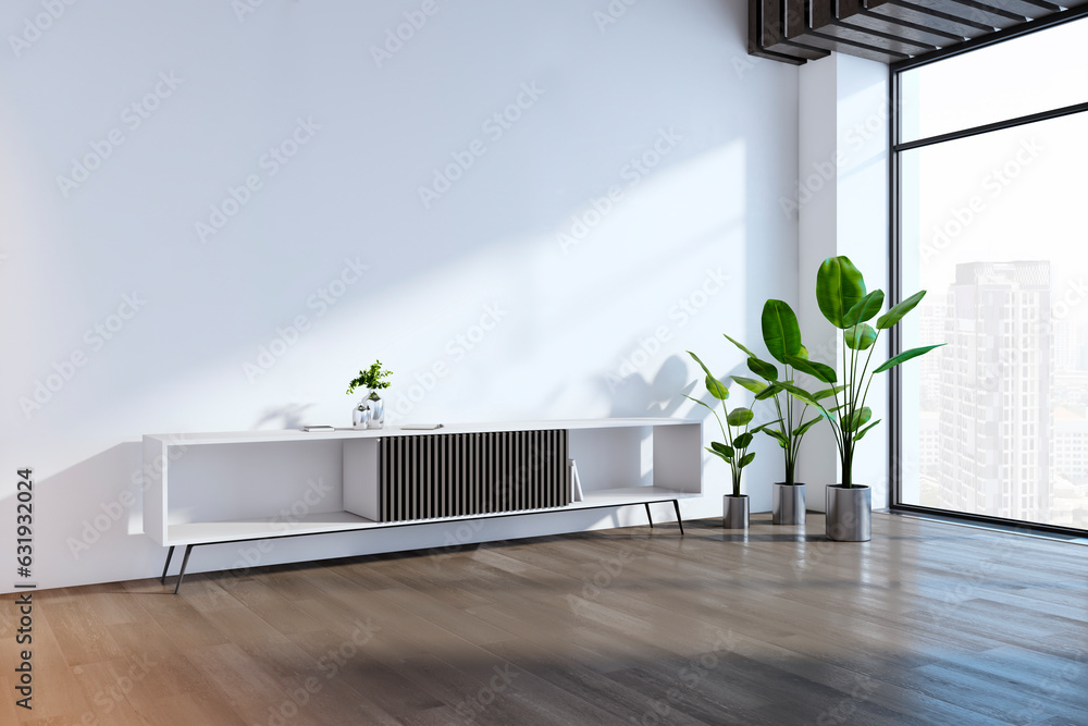 Modern wooden and concrete living room interior with empty mock up place on wall, window and city vi