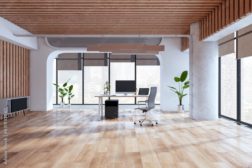 Clean stylish home office interior with wooden flooring, equipment and furniture, window with city v