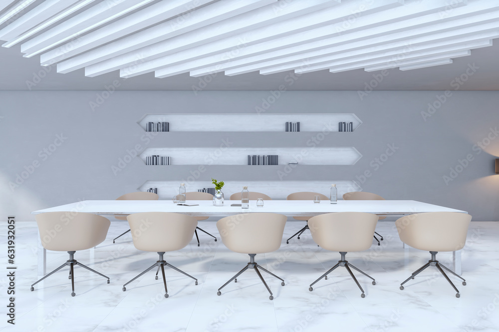 Modern concrete stylish meeting room interior with furniture and various other objects. 3D Rendering