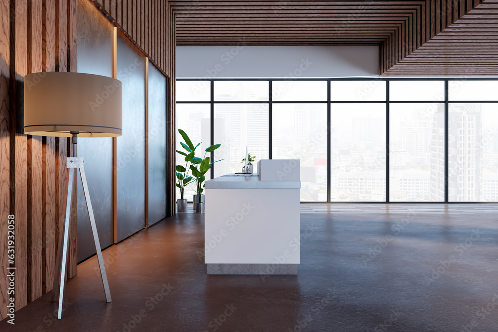 Wooden and concrete office lobby interior with reception desk, panoramic window with city view and o