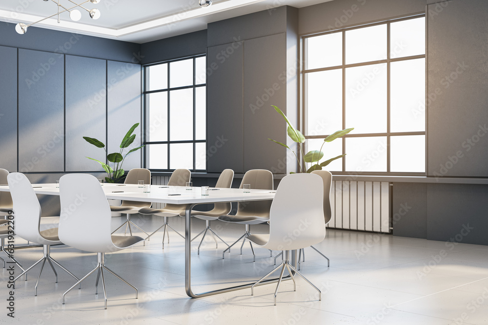 Contemporary concrete conference room interior with furniture and window with city view. 3D Renderin