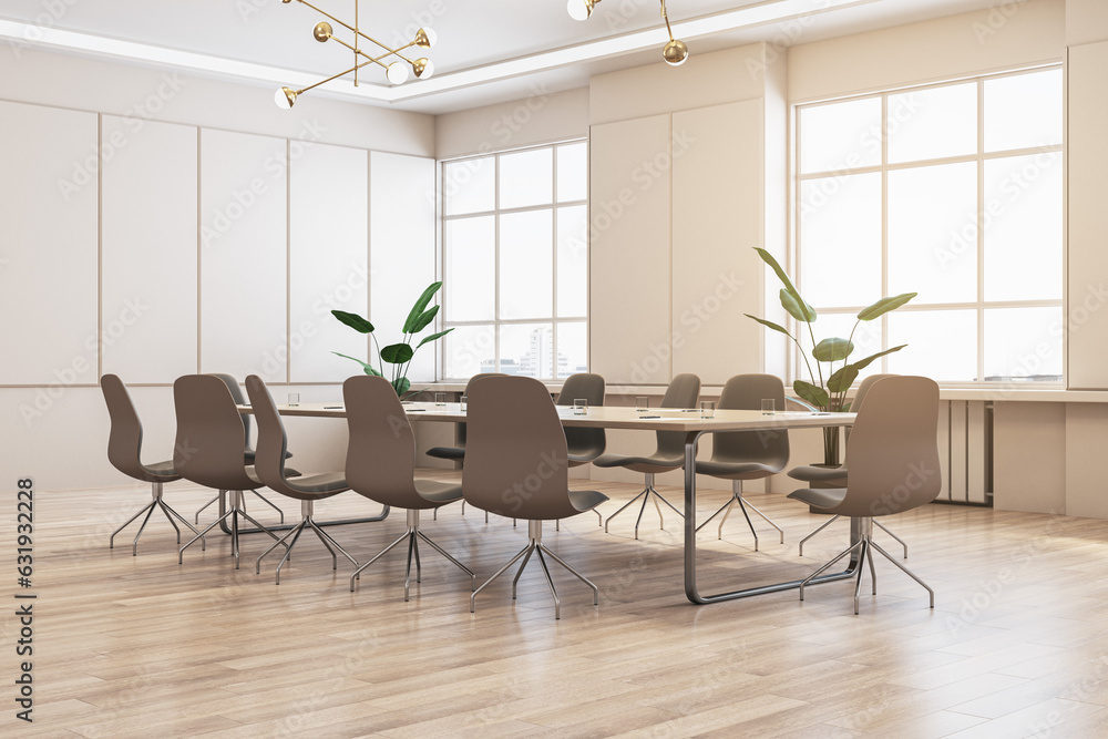 Modern white conference room interior with furniture, wooden flooring, decorative pot plants and win