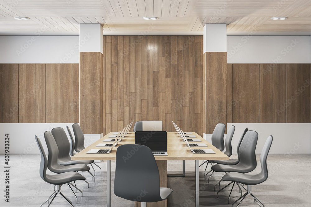 Modern wooden and concrete boarding room interior with furniture and equipment. 3D Rendering.