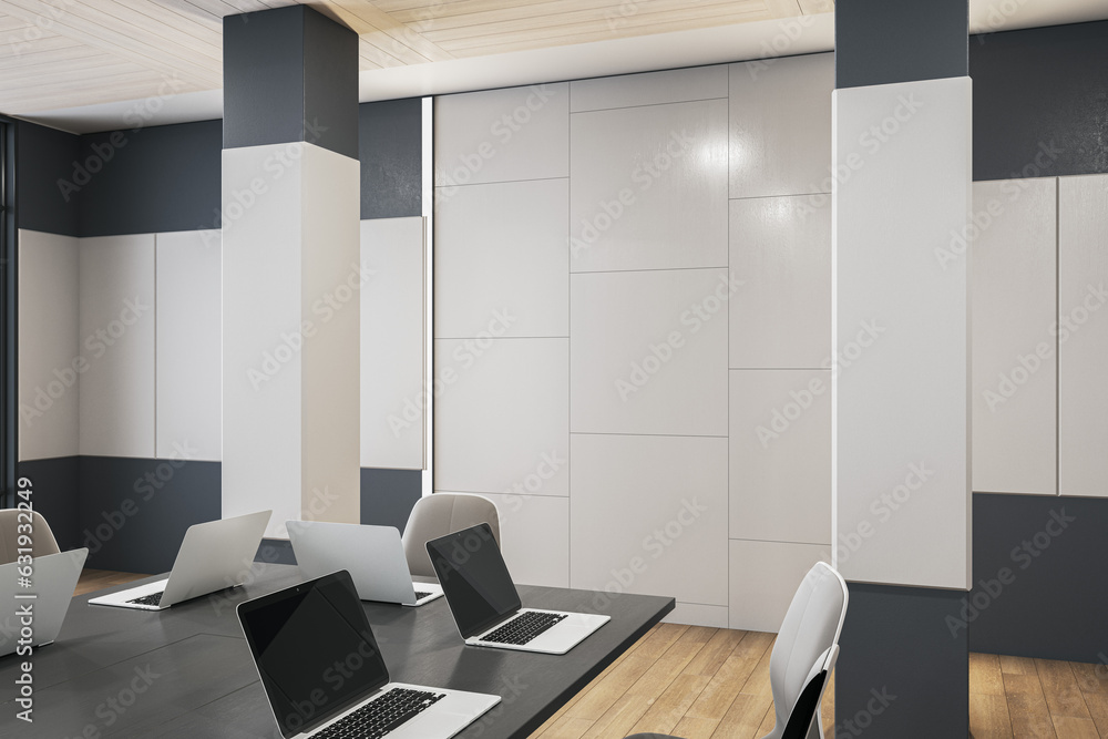 Luxury wooden and concrete boarding room interior with furniture and equipment. 3D Rendering.