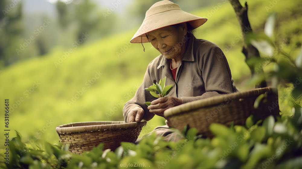 Elderly woman collecting organic tea leaves at the tea plantations, A asian woman picking organic gr