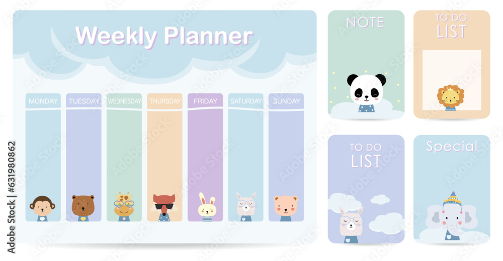 cute weekly planner background with cloud,animal.Vector illustration for kid and baby.Editable eleme